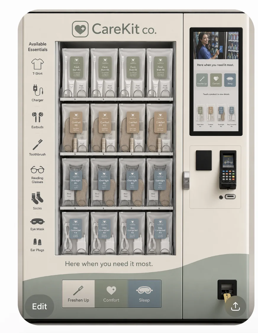A premium CareKit Co. vending machine standing in a bright hospital corridor